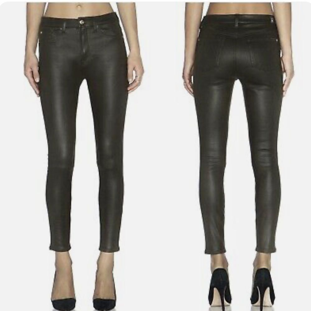 7 For All Mankind Skinny Pants Sz 32 Hunter Green Crackle Faux Leather